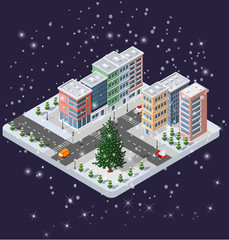 Winter Christmas snowy city road with trees in an isometric urban landscape
