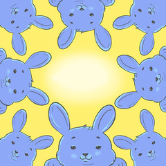 Square funny card  with yellow background and blue rabbits  for greeting with place for text