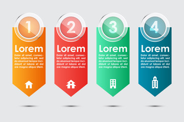 Four step hanging banner infographic template with shiny and glossy number buttons and space for text. Vector illustration of a colorful 4 step info chart with building icons and shadow.
