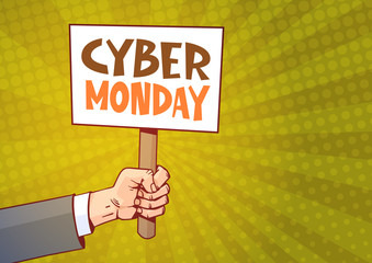 Hand Holding Banner With Text Cyber Monday Over Pin Up Style Background, Sale Deals Design Online Holiday Shopping Concept Vector Illustration