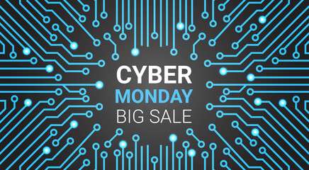 Cyber Monday Banner With Circuit Background, Big Technology Sale Online Shopping Concept Vector Illustration