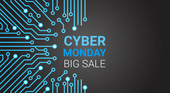 Cyber Monday Big Sale Poster Over Circuit Background, Special Discount For Technology Shopping Concept Vector Illustration
