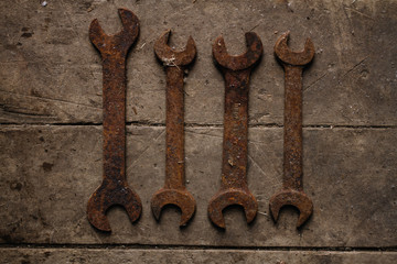 Vintage tools hammer nails and wrenches