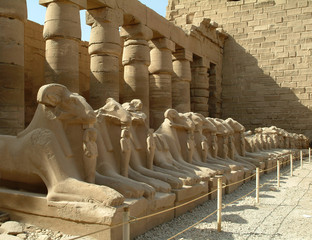 Alley of sphinxes with sheep heads, without people, Thebes, UNESCO World Heritage Site, Egypt,...