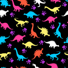 Cute kids pattern for girls and boys. Colorful dinosaurs on the abstract grunge background create a fun cartoon drawing. The background is made in neon colors. Urban backdrop for textile and fabric.