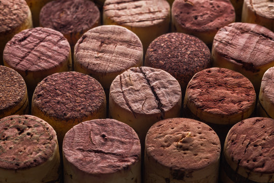 Close-up of several old wine corks