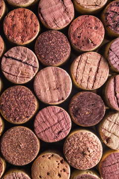 Overhead view of several old wine bottle corks