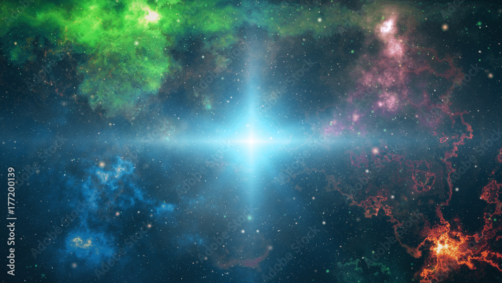 Wall mural a big explosion in space. stars and planets scatter in space, the birth of the universe 3d illustrat