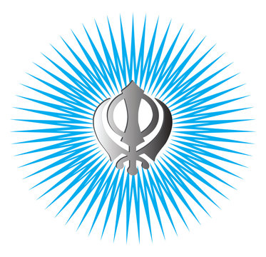 The main symbol of Sikhism &ndash; sign Khanda made of white metal. Gradient blue rays