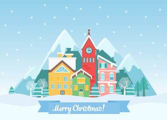 Obraz na płótnie Canvas Vector Flat winter Christmas cityscape near mountains. Urban town landscape with falling snow and city with cute houses. Merry christmas card.