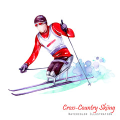 Watercolor illustration. Cross-Country Skiing. Disability snow sports. Disabled athlete riding by ski on snow. Active people. Man. Disability and social policy. Social support. Extreme.