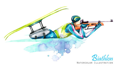 Watercolor illustration. Biathlon. Cross-Country Skiing. Disability snow sports. Disabled athlete shoots from a rifle. Active people. Disability and social policy. Social support. Extreme games.