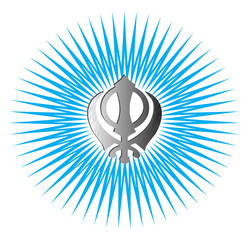 The main symbol of Sikhism – sign Khanda made of white metal. Gradient blue rays