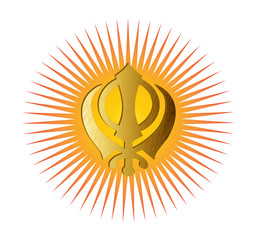 The main symbol of Sikhism - sign Khanda made of gold metal. Red and gold gradient rays, isolated, illustration