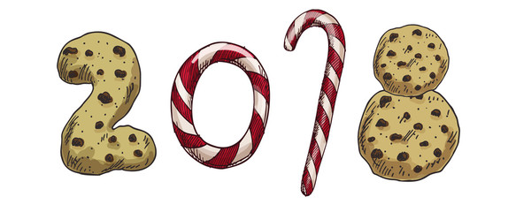 New Year 2018 . Winter card with candies and biscuits Vector image for new years day, christmas, sweet-stuff, winter holiday, new years eve