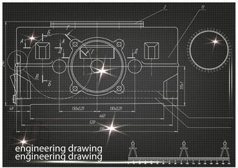 Machine-building drawings on a black background