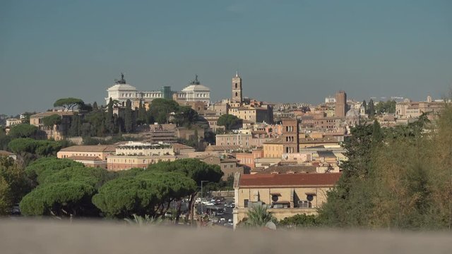 Amazing view of the city of Rome seen from the Orange Garden (Giardino degli Aranci). Altare della Patria in the background. Rome,Italy.