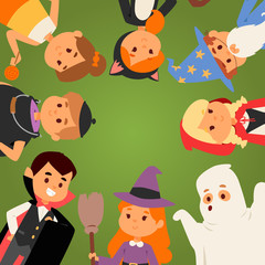 Cute kids wearing Halloween party costumes vector.