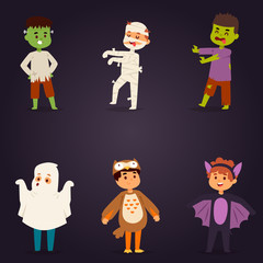 Cute kids wearing Halloween party costumes vector.