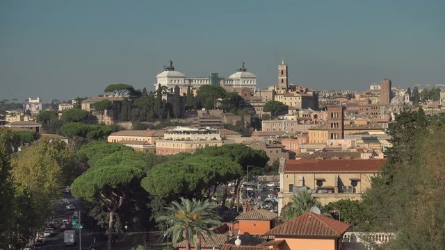 Amazing view of the city of Rome seen from the Orange Garden (Giardino degli Aranci). Altare della Patria in the background. Rome,Italy.