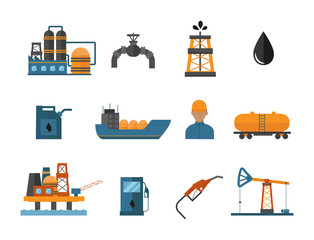 Mineral oil petroleum extraction production transportation factory logistic equipment vector icons illustration