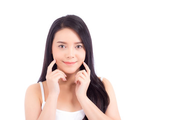 Portrait of beautiful asian woman makeup of cosmetic - girl hand touch cheek and smile on attractive face with skin healthcare concept isolated on white background.