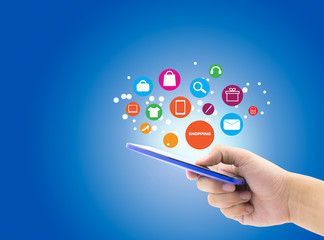 hand hold mobile, smartphone with shopping online concept on blue background