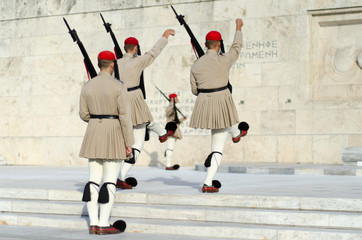 Fototapeta na wymiar Presidential guard Greece Syntagma.Tsarouhi is a type of shoe, which is typically known as part of the traditional uniform by the Greek guards