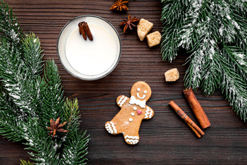 Eggnog, gingerbread cookie with cinnamon and spruce for new year 2018 celebraton winter set. Wooden background top view