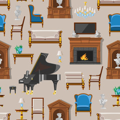 VIP vintage interior furniture rich wealthy house room with sofa set brick wall background vector seamless pattern background .