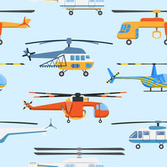 Helicopter air transport propeller aerial vehicle flying modern aviation military civil copter aircraft vector seamless pattern background