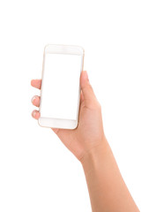 hand holding phone isolate on white background,use clipping path.