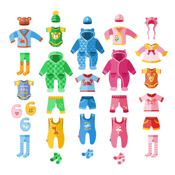Baby infant vector illustration clothes textile icons set design fabric dress child garment wear set