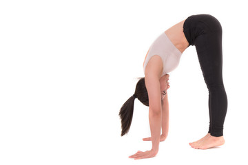 Portrait of woman stretching isolated on white background. Image of a girl practicing yoga on white. Health care sport girl concept.