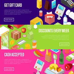 Supermarket shopping discounts every week isometric posters. Retail gift cards proposition for foods, drinks and goods. Cash, credit card terminal or online payment service vector illustration.