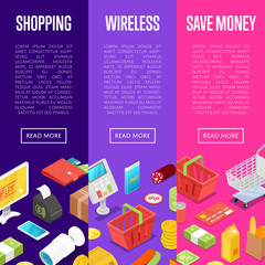 Supermarket online shopping isometric posters. Save money retail proposition. Money, credit card, payment terminal, shopping basket, cardboard box, trolley cart, smartphone vector illustrations.