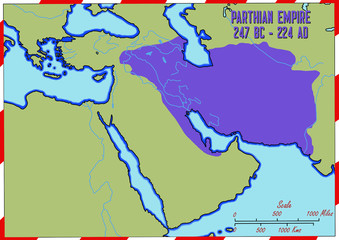 Original hand drawn map. Parthian Empire that existed from 247 BC - 224 AD. It is also known as the Arsacid Empire.