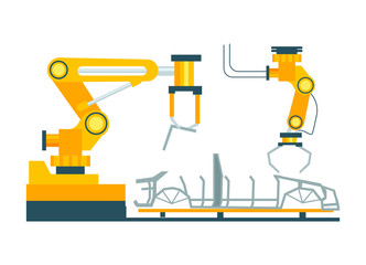 Conveyor for assembly of cars element. Modern engineering systems, automobile production line, car manufacturing process vector illustration.