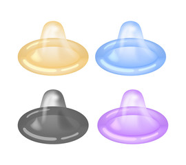 Colorful condoms icons set. Disease prevention and birth control, planning pregnancy. Flat vector illustration isolated on white background