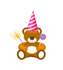 Teddy bear toy in cone hat. Holiday congratulation element, event decoration object, children party symbol, celebration isolated vector illustration