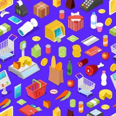 Supermarket shopping isometric seamless pattern. Food, drinks, money, credit card, payment terminal, shopping basket, trolley cart, cardboard box, cashbox, scales, smartphone vector illustrations.