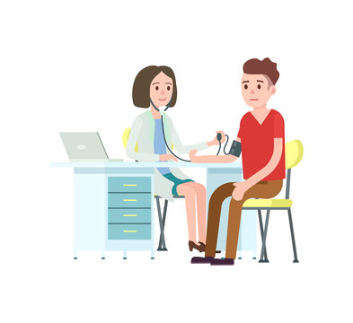 Doctor And Patient Measuring Blood Pressure. Medical Treatment And Healthcare, Clinical Analysis, Medical Examination Vector Illustration.