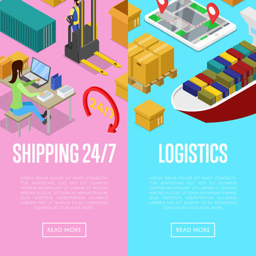 Round the clock shipping and logistics isometric posters. Freight shipment and distribution, fast delivery transportation, warehouse management. Commercial cargo transportation vector illustration.