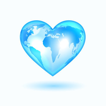 Heart with the world map, light blue and shining vector icon