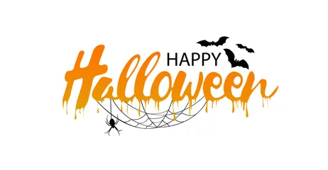 Fototapeten Happy Halloween vector lettering. Holiday calligraphy with spider and web for banner, poster, greeting card, party invitation. Isolated illustration. © leezarius