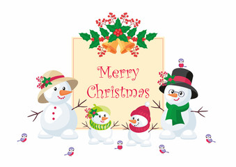 Christmas greeting card with the image of funny snowmen. Vector background.