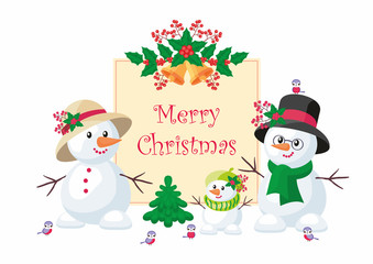 Christmas greeting card with the image of funny snowmen. Vector background.