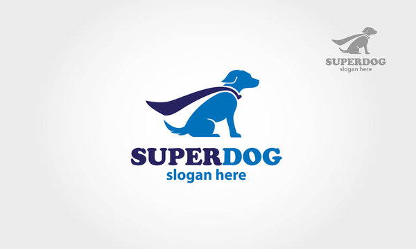 Super Dog Vector Logo Cartoon. Blue super dog with a cape. Vector logo illustration.