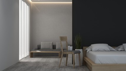 Fototapeta na wymiar Bedroom and living space minimal interior space in hotel decoration - 3D Rendering