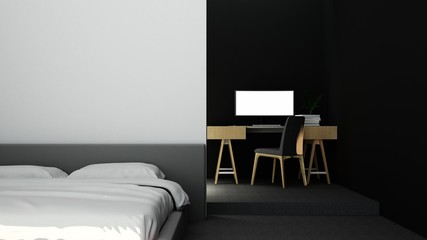 Bedroom and  living space minimal interior space in hotel decoration - 3D Rendering